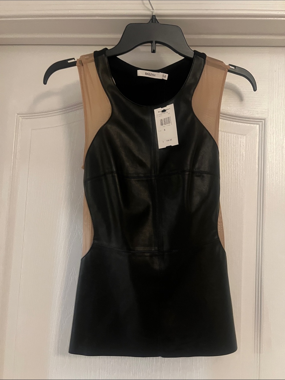 Bailey 44 Black and Tan Faux Leather Mesh-Panel Sleeveless Top